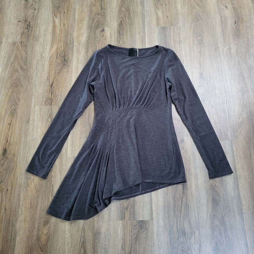 Heather Womens Asymmetrical Long Sleeve Top Gray Stretch Size Medium Made In USA
